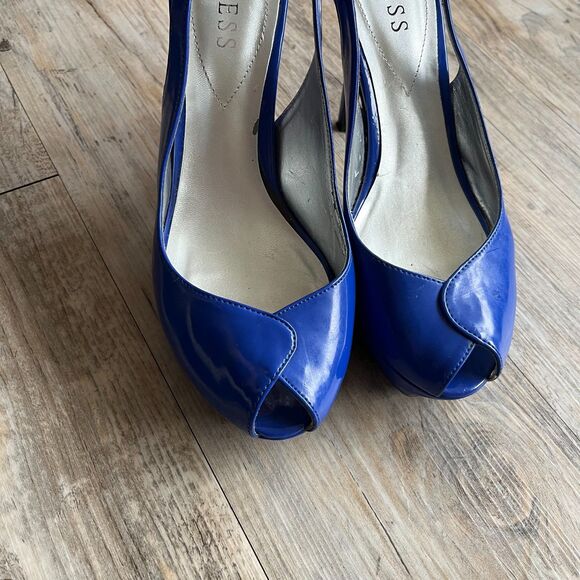 Guess Y2K Heels 8 M Open Toe Patent Leather Blue Charm Vintage 2000s Glam Bright - Picture 7 of 9